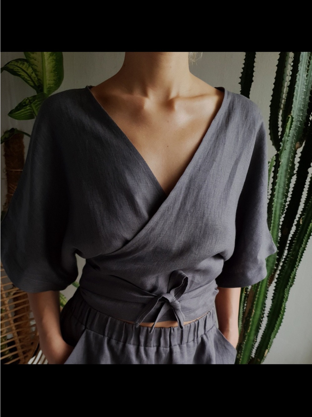Washed Blue Charcoal Wrap Blouse with Tie Front